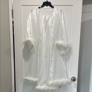 Bridal White Satin Robe and Slip with Faux Fur Trim and Matching White Slippers